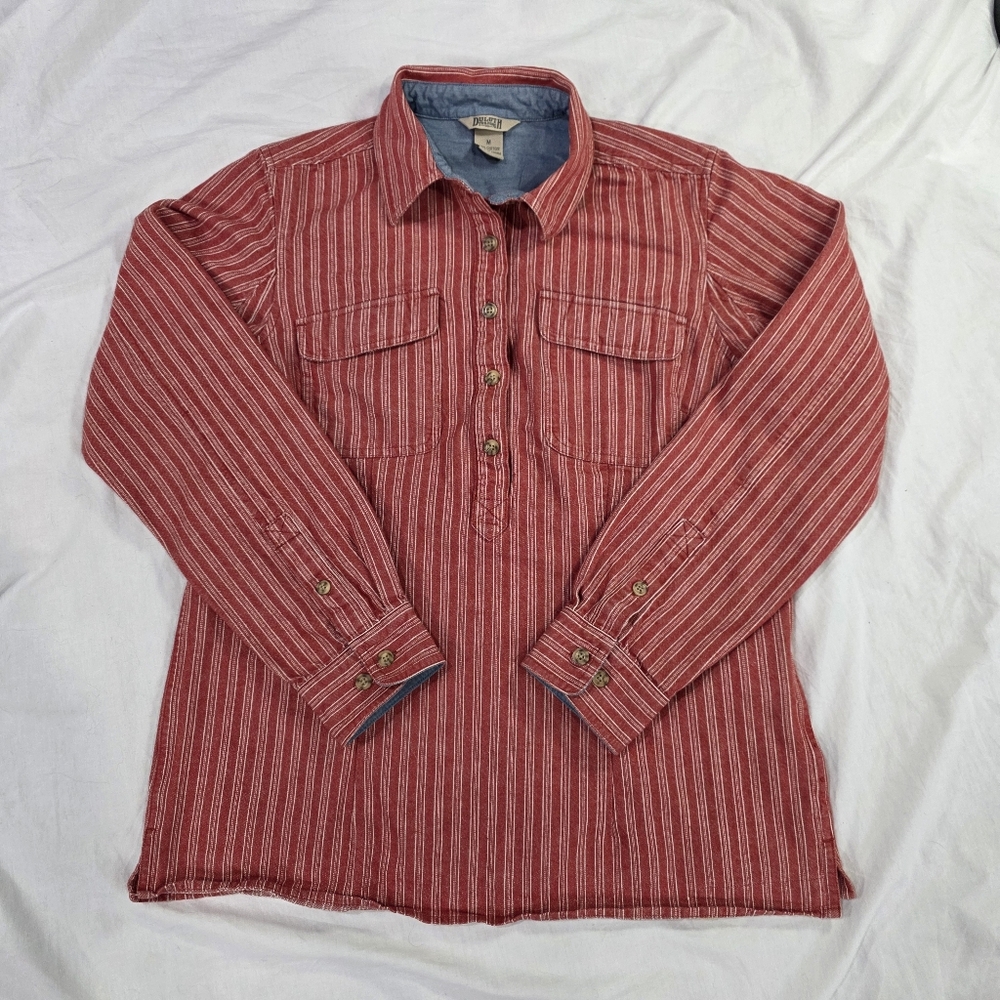 Duluth Trading Co Striped Half Button Pullover Shirt Cabincore Granola Girl. M